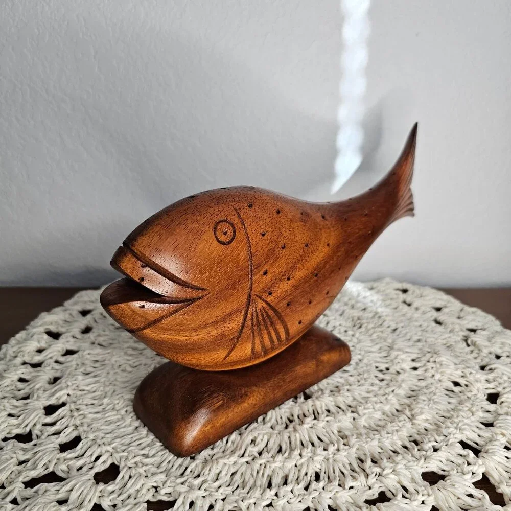 Vintage Mode Century Modern Monkey Pod Fish‎ Sculpture Hawaii 1962